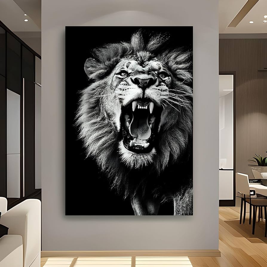 Amazon｜FICLUX 現代装飾画 | 口を開けたライオン - け写真